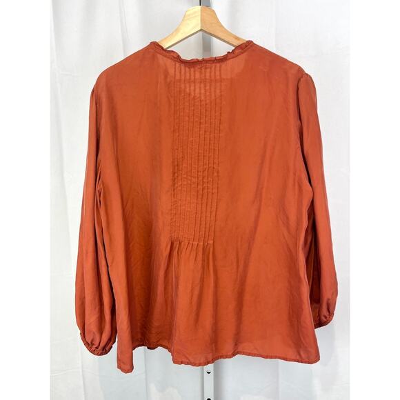 GARNET HILL Pintucked Silk Blouse Henley Button Bishop Sleeve Orange Size 16 - Picture 2 of 11